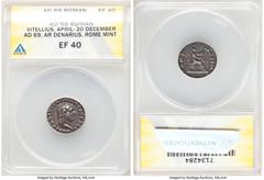 Ancients Roman Imperial Vitellius (July-December AD 69). AR denarius (18mm, 6h). ANACS XF 40. Rome. A VITELLIVS GERM IMP AVG TR P, laureate head of Vitellius right/ PONT-MAXIM, Vesta enthroned right, 
