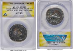 Ancients Roman Imperial Divus Marcus Aurelius (AD 161-180). AE sestertius (31mm, 25.65 gm, 6h). ANACS VF 30. Rome, AD 180. DIVVS•M•AN-TONINVS PIVS, bare head of Divus Marcus Aurelius right / CONSECRAT