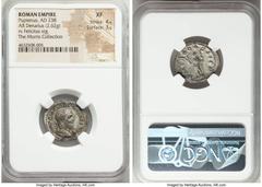 Ancients Roman Imperial Pupienus (April-July AD 238). AR denarius (22mm, 2.62 gm, 5h). NGC XF 4/5 - 3/5. Rome. IMP C M CLOD PVPIENVS AVG, laureate, draped and cuirassed bust of Pupienus right, seen fr