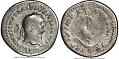 Ancients Roman Imperial Titus (AD 79-81). AR denarius (19mm, 5h). NGC Fine, graffiti. Rome, AD 80. IMP TITVS CAES VESPASIAN AVG P M, laureate head of Titus right / TR P IX IMP XV COS VIII P P, dolphin