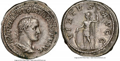 Ancients Roman Imperial Gordian II Africanus (March-April AD 238). AR denarius (20mm, 3.23 gm, 7h). NGC Choice VF 5/5 - 4/5. Rome. IMP M ANT GORDIANVS AFR AVG, laureate, draped and cuirassed bust of G