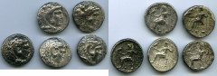 Ancients Ancient Lots ANCIENT LOTS. Greek. Macedonian Kingdom. Ca. 4th-3rd centuries. Lot of five (5) AR tetradrachms. Fine-VF. Includes: (5) Mixed rulers, Zeus seated reverse. Lot of five (5) coins. 