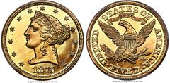 Proof Liberty Half Eagles 1875 $5 PR65 Cameo PCGS. JD-1, Low R.7. The 1875 half eagle is a rarity of the highest order, though it does not get the credit it fully deserves outside of specialist circle