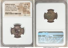 Ancients Roman Imperial Augustus (27 BC-AD 14). AR denarius (21mm, 3.79 gm, 5h). NGC Choice VF 5/5 - 2/5, bankers mark, scratches, edge bend. Spain, Caesaraugusta (?), 19-18 BC. CAESAR-AVGVSTVS, head 