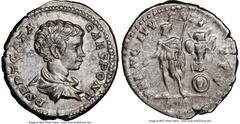Ancients Roman Imperial Geta, as Caesar (AD 209-211). AR denarius (19mm, 1h). NGC AU. Rome, AD 200-202. P SEPT GETA - CAES PONT, bare headed, draped, and cuirassed bust of Geta right, seen from behind