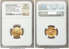 Ancients Greek PONTIC KINGDOM. Mithradates VI Eupator (120-63 BC). AV stater (20mm, 8.43 gm, 1h). NGC MS 4/5 - 4/5. Late posthumous issue in name and types of Lysimachus of Thrace, Tomis, period of th
