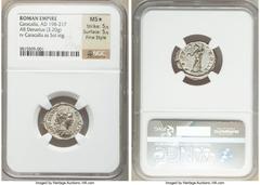 Ancients Roman Imperial Caracalla, as Augustus (AD 198-217). AR denarius (20mm, 3.20 gm, 6h). NGC MS S 5/5 - 5/5, Fine Style Rome, AD 200. ANTONINVS-AVGVSTVS, laureate, draped and cuirassed bust of Ca