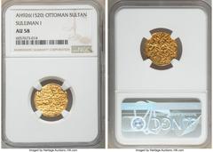 Islamic Dynasties Ottoman Empire Ottoman Empire. Suleyman I (AH 926-974 / AD 1520-1566) gold Sultani AH 926 (AD 1520/1521) AU58 NGC, Constantinople mint (in Turkey), A-1317. HID05401242017 © 2020 Heri