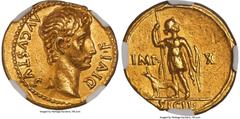 Ancients Roman Imperial Augustus (27 BC-AD 14). AV aureus (20mm, 7.81 gm, 4h). NGC Choice XF 5/5 - 3/5. Lugdunum, ca. 15-13 BC. DIVI•F-AVGVSTVS, bare head of Augustus right; dotted border / IMP•-X, Di