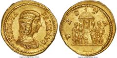 Ancients Roman Imperial Julia Domna (AD 193-217). AV aureus (20mm, 7.41 gm, 1h). NGC AU 5/5 - 4/5. Rome, AD 215. IVLIA PIA-FELIX AVG, draped bust of Julia Domna right, seen from front, hair waved in r