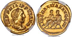 Ancients Roman Imperial Philip II, as Augustus (AD 247-249). AV aureus (20mm, 4.70 gm, 1h). NGC Choice AU 5/5 - 2/5, brushed, edge scuffs. Rome, AD 247-249. IMP•PHILIPPVS AVG, laureate, draped and cui