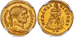 Ancients Roman Imperial Maximian (AD 286-310). AV aureus (19mm, 5.49 gm, 6h). NGC Choice AU 5/5 - 4/5. Rome, AD 293-294. MAXIMIA-NVS P F AVG, laureate head of Maximian right / HERCVLI-VICTORI, Hercule