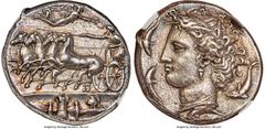 Ancients Greek SICILY. Syracuse. Time of Dionysius I (405-370 BC). AR decadrachm (35mm, 43.06 gm, 3h). NGC Choice AU 5/5 - 3/5, Fine Style. Reverse die signed by Euainetos, ca. 400 BC. Racing quadriga