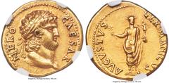 Ancients Roman Imperial Nero (AD 54-68). AV aureus (19mm, 7.30 gm, 5h). NGC AU 5/5 - 4/5. Rome, ca. AD 64-65. NERO-CAESAR, laureate, bearded head of Nero right / AVGVSTVS-GERMANICVS, Colossus of Nero 