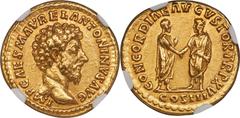 Ancients Roman Imperial Marcus Aurelius, as Augustus (AD 161-180). AV aureus (19mm, 7.17 gm, 5h). NGC MS 5/5 - 4/5, Fine Style, edge marks. Rome, March-December AD 161. IMP CAES M AVREL ANTONINVS AVG,