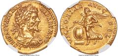 Ancients Roman Imperial Septimius Severus (AD 193-211). AV aureus (20mm, 7.20 gm, 11h). NGC Choice AU 5/5 - 5/5, Fine Style. Rome, AD 198-200. L SEPT SEV AVG IMP-XI PART MAX, laureate, draped, and cui