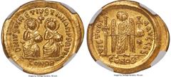 Ancients Byzantine Justin I and Justinian I (4 April-1 August AD 527). AV solidus (22mm, 4.48 gm, 6h). NGC MS S 5/5 - 4/5. Constantinople, 6th officina. D N IVSTIN ЄT IVSTINIAN PP AVG, Justin I (on le