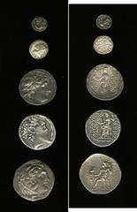 Lot of five Greek AR. Includes: Lucania, Herakleia. Fraction // Macedonian Kingdom. Alexander III. Tetradrachm // Achaian League. Hemidrachm // Seleukid Kingdom. Antiochos VII. Tetradrachm // Seleukid