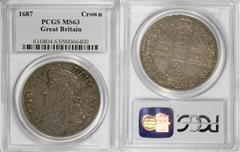 James II Crown 1687, S3407, 2nd Bust, TERTIO edge, MS63 PCGS, another really pleasing example of this scarce 3-year type (having two subtly different portraits among the years). Noticeable tiny carbon