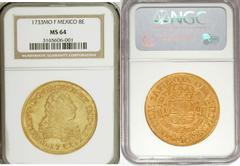 Philip V Portrait gold 8 Escudos 1733-Mo F, KM148 (listed as rare), Cayon-10030, Calico-422, MS64 NGC, a majestic coin which, although ever so slightly soft in the centers, evinces a medallic strike, 