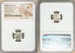 Ancients Greek THRACE. Chersonesus. Ca. 4th century BC. AR/AE fourree hemidrachm (12mm). NGC XF, core visible. Ancient forgery of a Chersonesus hemidrachm. Persic standard, ca. 480-350 BC. Forepart of