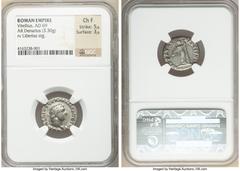 Ancients Roman Imperial Vitellius (16 April-22 December AD 69). AR denarius (18mm, 3.30 gm, 6h). NGC Choice Fine 5/5 - 3/5. Rome. A VITELLIVS GERM IMP AVG TR P, laureate head of Vitellius right / LIBE