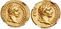 Ancients Roman Imperial Tiberius (AD 14-37), with Divus Augustus. AV aureus (20mm, 7.64 gm, 7h). NGC Choice VF 5/5 - 2/5, edge marks, smoothing. Lugdunum, AD 14-16. TI CAESAR DIVI-AVG F AVGVSTVS, laur