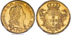 Brazil João V gold 12800 Reis (Dobra) 1731-R AU55 NGC, Rio de Janeiro mint, KM148 (Rare), Prober-295, LMB-226, Bentes-107.01 (R4). Second (Italic) Shield type. An exceptional survivor of a type noted 
