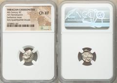 Ancients Greek BARBAROUS ISSUE. Thrace. Chersonesus. Ca. 4th century BC. AR hemidrachm (13mm). NGC Choice XF. Contemporary imitative issue copying a Chersonesus hemidrachm. Forepart of lion right, hea