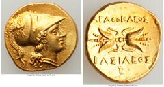 Ancients Greek SICILY. Syracuse. Agathocles (317-289 BC), as King of Sicily. AV stater, octobol or double-decadrachm (17mm, 5.72 gm, 2h). Choice AU, Fine Style, repaired. 295-289 BC. Head of Athena ri