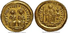 Ancients Byzantine Justin I and Justinian I (4 April-1 August AD 527). AV solidus (21mm, 4.49 gm, 7h). NGC Choice AU 4/5 - 4/5. Constantinople, 8th officina. D N IVSTIN ЄT IVSTINIAN PP AVG, Justin I (