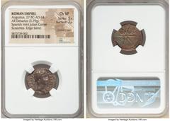 Ancients Roman Imperial Augustus (27 BC-AD 14). AR denarius (21mm, 3.79 gm, 5h). NGC Choice VF 5/5 - 2/5, bankers mark, scratches, edge bend. Spain, Caesaraugusta (?), 19-18 BC. CAESAR-AVGVSTVS, head 