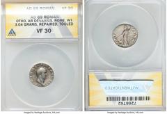Ancients Roman Imperial Otho (AD 69). AR denarius (18mm, 3.04 gm, 6h). ANACS VF 30, repaired, tooled. Rome, 9 March-mid April AD 69. IMP OTHO CAESAR AVG TR P, bare, bewigged head of Otho right / PONT-