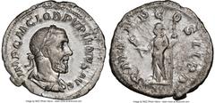 Ancients Roman Imperial Pupienus (April-July AD 238). AR denarius (20mm, 3.02 gm, 11h). NGC AU 4/5 - 3/5. Rome. IMP C M CLOD PVPIENVS AVG, laureate, draped and cuirassed bust of Pupienus right, seen f