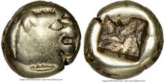 Ancients Greek LYDIAN KINGDOM. Alyattes or Croesus (ca. 610-546 BC). EL 1/12 stater or hemihecte (7mm). NGC Fine, countermarks Sardes mint. Head of roaring lion right, radiate nodule on forehead / Inc