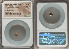 Ancients Greek IONIA. Uncertain mint. Ca. 650-600 BC. EL 1/24 stater or myshemihecte (6mm, 0.63 gm). NGC Choice XF 5/5 - 5/5. Blank convex surface / Incuse square punch with striated geometric interio