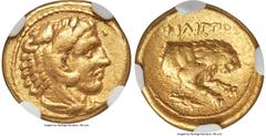 Ancients Greek MACEDONIAN KINGDOM. Philip II (359-336 BC). AV hemistater (14mm, 4.25 gm, 11h). NGC Choice VF 5/5 - 4/5. Amphipolis II, ca. 340-328 BC. Head of young Heracles right, wearing lion skin h