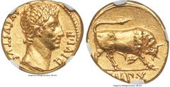 Ancients Roman Imperial Augustus (27 BC-AD 14). AV aureus (19mm, 7.96 gm, 5h). NGC Choice AU 4/5 - 3/5. Lugdunum, 15-13 BC. AVGVSTVS-DIVI•F, bare head of Augustus right / IMP•X, bull charging right, h