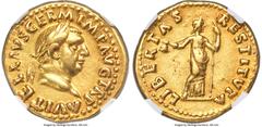 Ancients Roman Imperial Vitellius (16 April-22 December AD 69). AV aureus (19mm, 7.32 gm, 6h). NGC Choice VF 5/5 - 4/5. Rome. A VITELLIVS GERM IMP AVG TR P, laureate head of Vitellius right / LIBERTAS