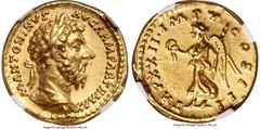 Ancients Roman Imperial Marcus Aurelius, as Augustus (AD 161-180). AV aureus (19mm, 7.22 gm, 11h). NGC Choice AU 5/5 - 4/5, Fine Style. Rome, AD 168. M ANTONINVS-AVG ARM PARTH MAX, laureate, cuirassed