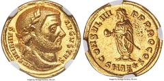 Ancients Roman Imperial Maximian, First Reign (AD 286-310). AV aureus (19mm, 5.26 gm, 10h). NGC MS 4/5 - 3/5. Antioch, AD 293-295. MAXIMIANVS-AVGVSTVS, laureate head of Maximian right / CONSVL IIII-P 