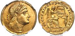 Ancients Roman Imperial Constantine I the Great (AD 307-337). AV solidus (21mm, 4.45 gm, 5h). NGC Choice AU 5/5 - 4/5. Nicomedia, 335 AD. Diademed head of Constantine I right, gazing upwards, the diad
