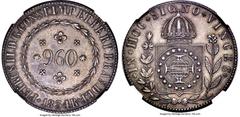 Brazil Pedro II 960 Reis 1834/3-R MS61 NGC, Rio de Janeiro mint, cf. KM385 (overdate not listed), Prober-1403 (same), LMB-519 (same), Bentes-500.03 (R4; same). A key date boasting a minuscule mintage 