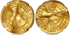 Denmark Frederick III gold "Ebenezer" 4 Ducat 1659 UNC Details (Bent) NGC, Copenhagen mint, KM-PnD16, Fr-126 (Rare), Köhler-589, Schou-7, Hede-98 (RRR), Sieg-51 (RRR), Aagaard-74. 13.85gm. Variety wit