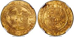 Spain Ferdinand & Isabella (1474-1504) gold 4 Excelentes ND (from 1497) (Aqueduct)-A AU58 NGC, Segovia mint, Fr-125, MEC VI-Unl., Cal-771 (same dies), Cay-Unl., ORC-297 (same dies). 14.01gm. +FERNANDV