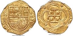 Spain Philip II gold Cob 4 Escudos 1589-S MS64 NGC, Seville mint, cf. Fr-158, VQR-Unl., Cay-Unl., Cal-890 (RRR; this coin), ORC-752 (same), Oro Macuquino-13 (same). 13.48gm. Melchor Damián as assayer.