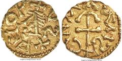 France Merovingian. Anonymous gold Tremissis ND (c. AD 580-670) AU (Reverse Scratched), Le Mans mint, Lopus as moneyer, MEC I-Unl., Prou-Unl., Belfort-Unl. 13mm. 1.16gm. LOP+VƧ+, Imperial-style diadem