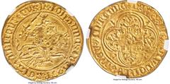 France Brittany. Jean V (1399-1442) gold Florin d'Or au chevalier ND (1420-1423) MS62 NGC, Nantes mint, Fr-94, Dup-264, Boudeau-Unl., PdA-657 var. (under Jean IV; legends), Bigot-556 var. (same), Jéz-