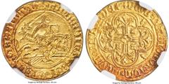 France Brittany. Jean V (1399-1442) gold Florin d'Or au chevalier ND (1420-1423) MS63 NGC, Rennes mint, Fr-94, PdA-Unl., Dup-265, Boudeau-Unl., Bigot-Unl., Jéz-320, cf. Dhénin, "Florin et Double-Flori