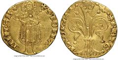 France Orange. Raymond V gold Florin d'Or ND (1340-1393) AU53 NGC, Fr-189 (listed under Raymond III and Raymond IV), Dup-2072. 3.47gm. (cornet) R • DI • G • | P • ΛuRΛ, stylized lily / S • IOHΛ | NNES